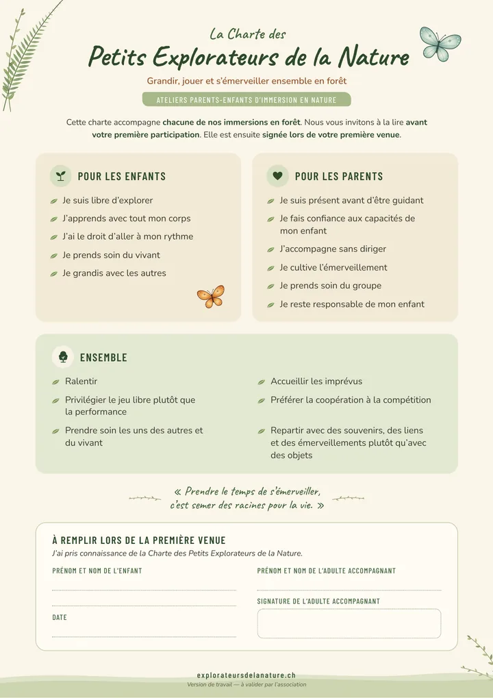 Première page de la charte des Petits Explorateurs de la Nature