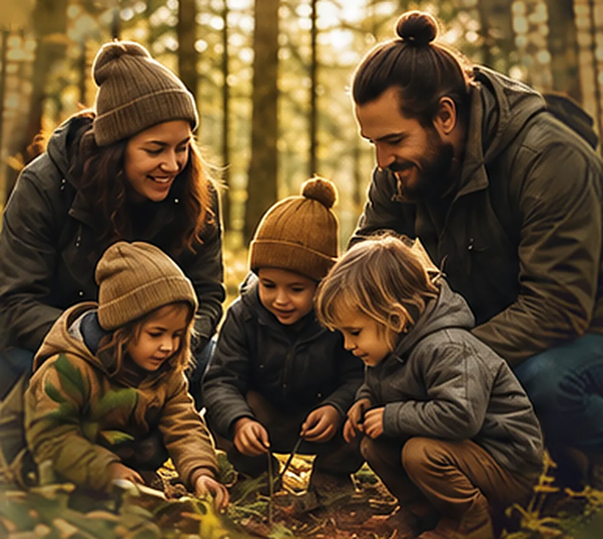 Illustration : une famille accroupie en forêt observe le sol avec trois jeunes enfants, dans une lumière dorée